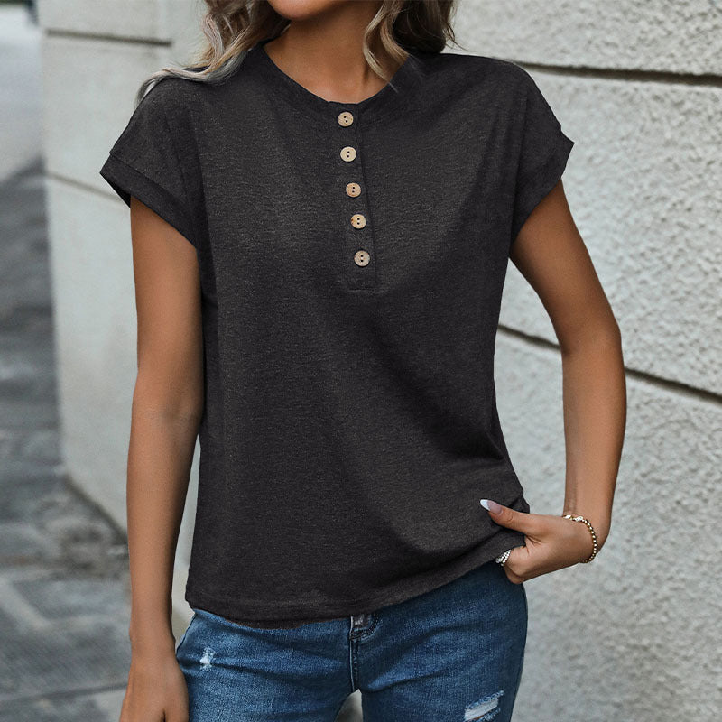 Solid Short Sleeve Top with Front Button Placket