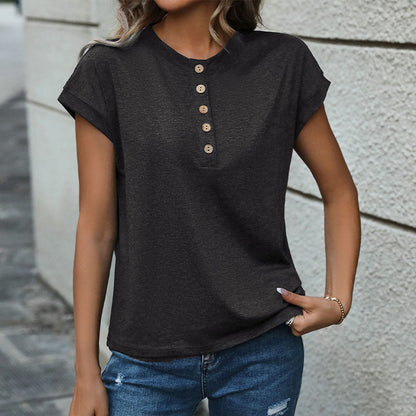 Solid Short Sleeve Top with Front Button Placket