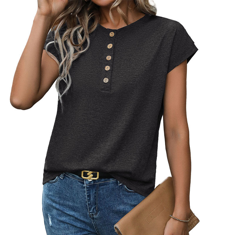 Solid Short Sleeve Top with Front Button Placket