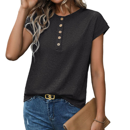 Solid Short Sleeve Top with Front Button Placket