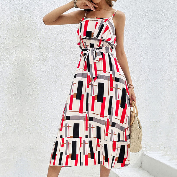 Geometric Print Midi Dress with Ruffled Bodice and Tie-Waist