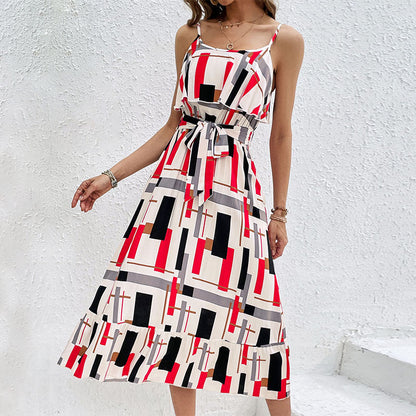 Geometric Print Midi Dress with Ruffled Bodice and Tie-Waist