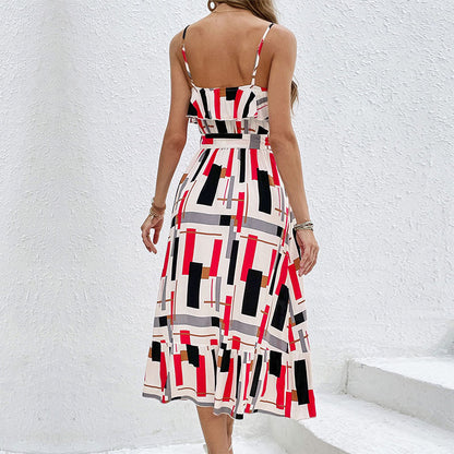 Geometric Print Midi Dress with Ruffled Bodice and Tie-Waist
