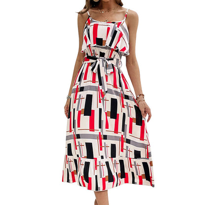 Geometric Print Midi Dress with Ruffled Bodice and Tie-Waist