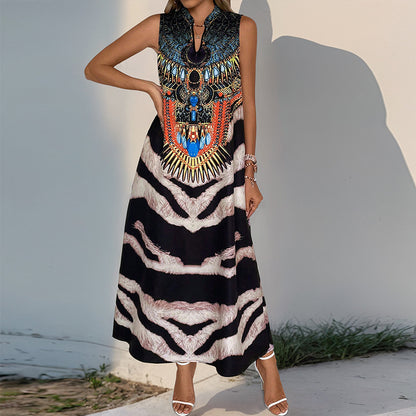 Tribal & Zebra Print A-Line Maxi Dress with Stand Collar