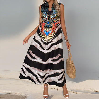 Tribal & Zebra Print A-Line Maxi Dress with Stand Collar