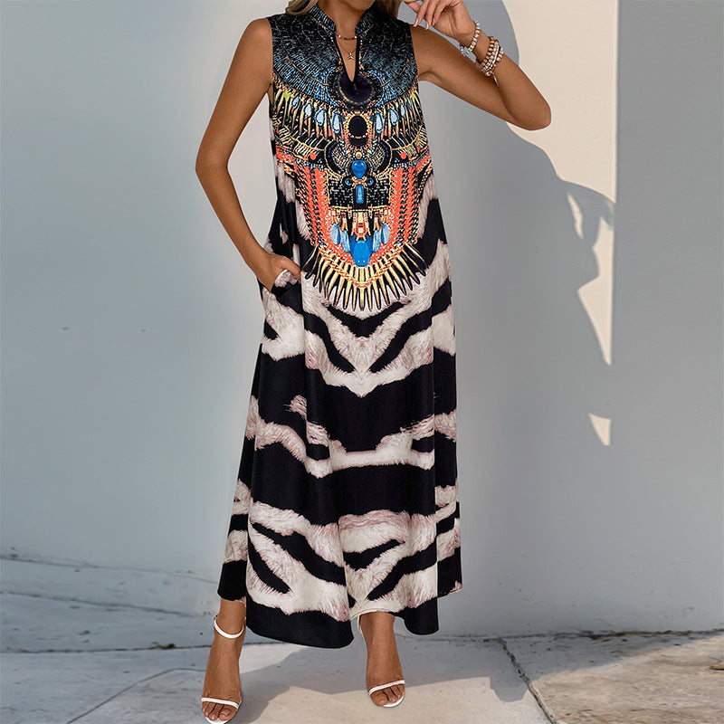 Tribal & Zebra Print A-Line Maxi Dress with Stand Collar