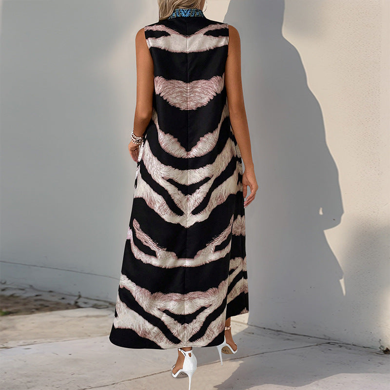 Tribal & Zebra Print A-Line Maxi Dress with Stand Collar