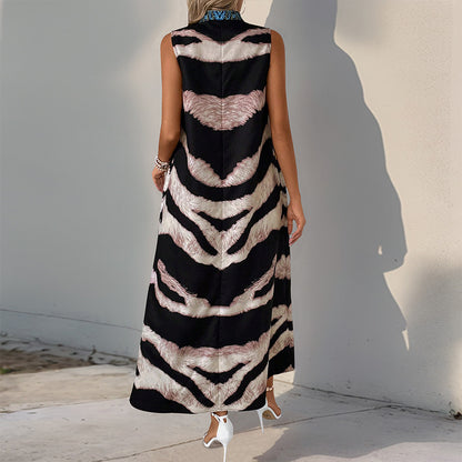 Tribal & Zebra Print A-Line Maxi Dress with Stand Collar