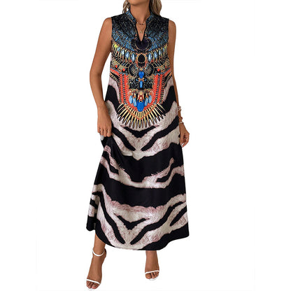 Tribal & Zebra Print A-Line Maxi Dress with Stand Collar