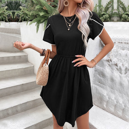 Solid Black Dress with Lace-Trimmed Petal Sleeves and Irregular Hem