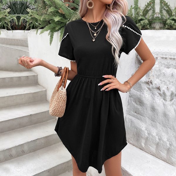 Solid Black Dress with Lace-Trimmed Petal Sleeves and Irregular Hem