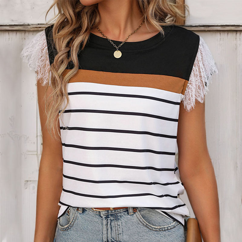 Striped Color Block T-Shirt with Lace Cap Sleeves