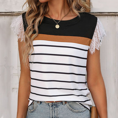 Striped Color Block T-Shirt with Lace Cap Sleeves