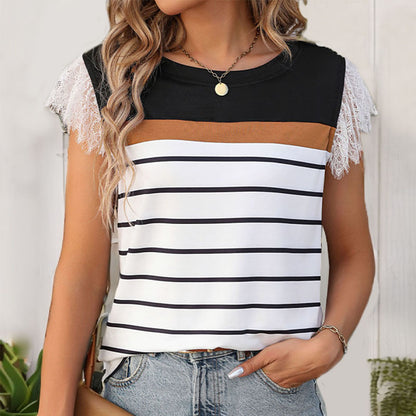 Striped Color Block T-Shirt with Lace Cap Sleeves