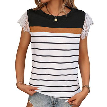 Striped Color Block T-Shirt with Lace Cap Sleeves