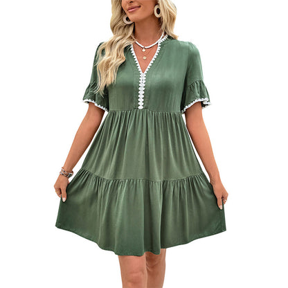 Solid Tiered Dress with V-Neck and Lace Trim