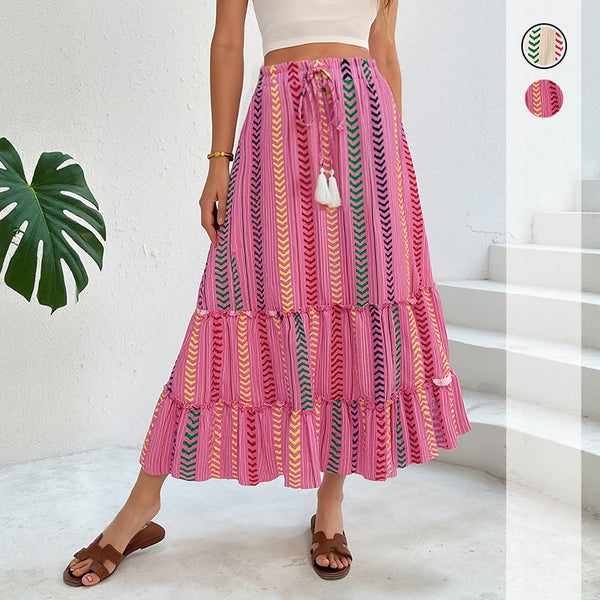 Ethnic Striped Tiered Maxi Skirt with Drawstring Tassels