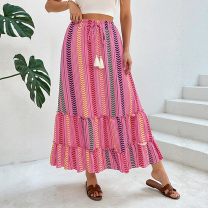 Ethnic Striped Tiered Maxi Skirt with Drawstring Tassels