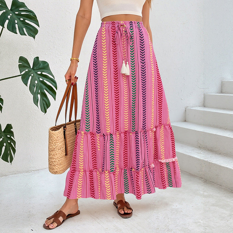 Ethnic Striped Tiered Maxi Skirt with Drawstring Tassels