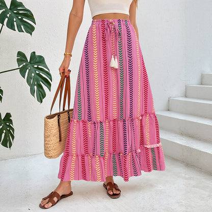 Ethnic Striped Tiered Maxi Skirt with Drawstring Tassels
