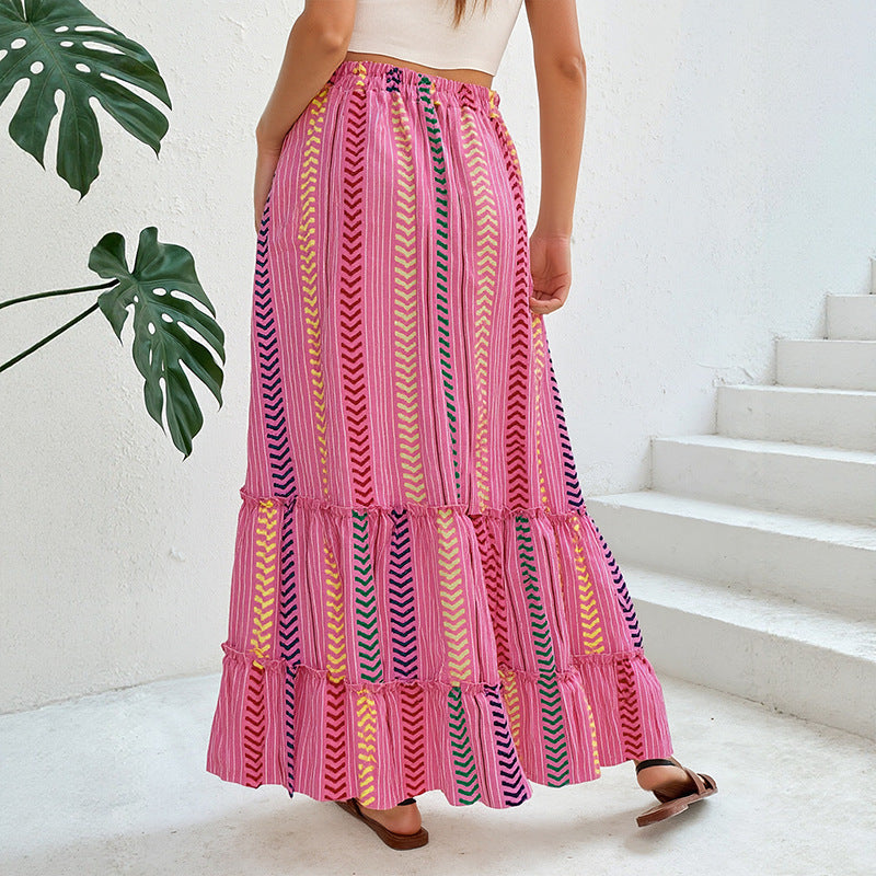 Ethnic Striped Tiered Maxi Skirt with Drawstring Tassels