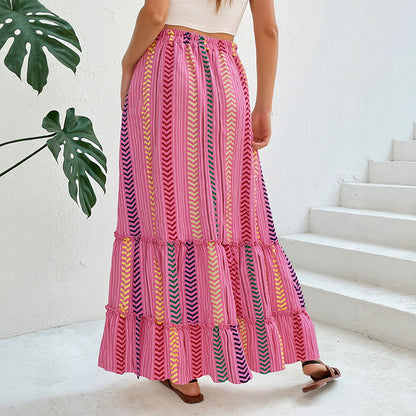 Ethnic Striped Tiered Maxi Skirt with Drawstring Tassels
