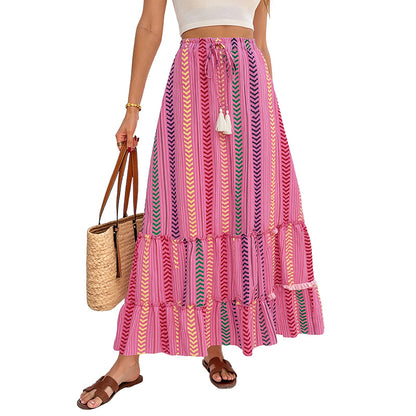 Ethnic Striped Tiered Maxi Skirt with Drawstring Tassels