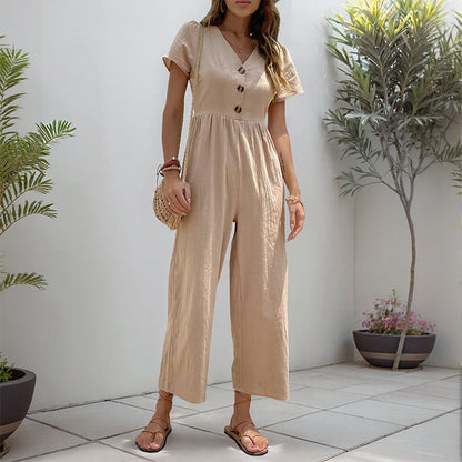 High-Waist Cropped Jumpsuit with V-Neck and Puff Sleeves