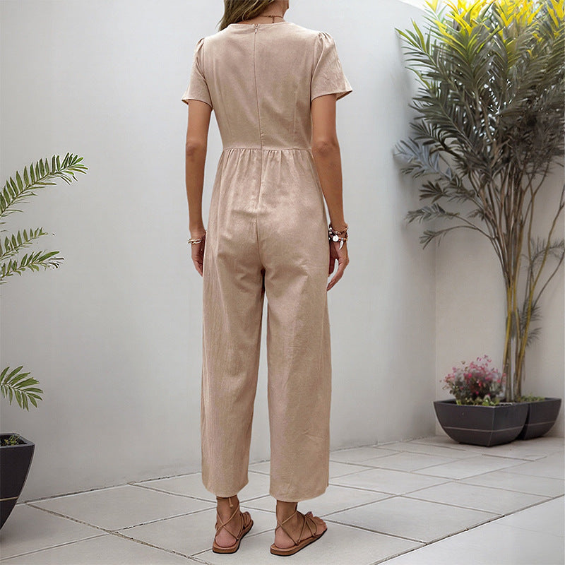 High-Waist Cropped Jumpsuit with V-Neck and Puff Sleeves