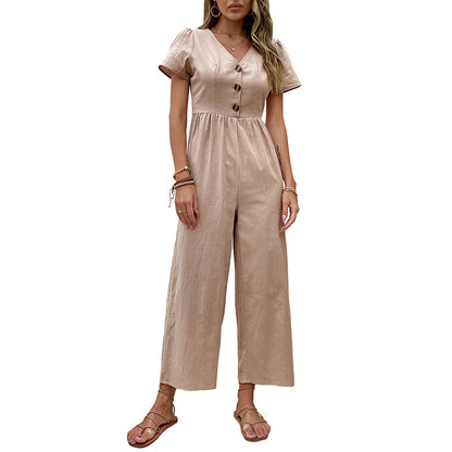 High-Waist Cropped Jumpsuit with V-Neck and Puff Sleeves