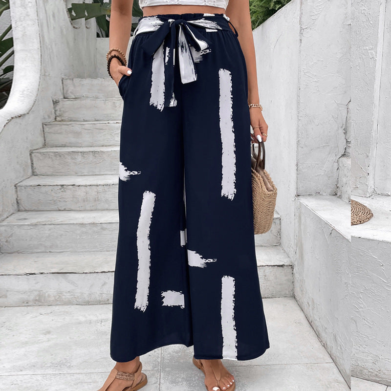 Brushstroke Print Wide-Leg Pants with Tie-Waist