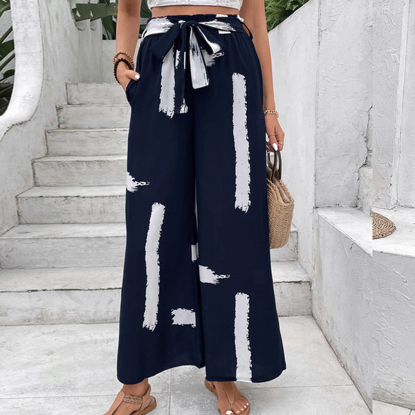 Brushstroke Print Wide-Leg Pants with Tie-Waist
