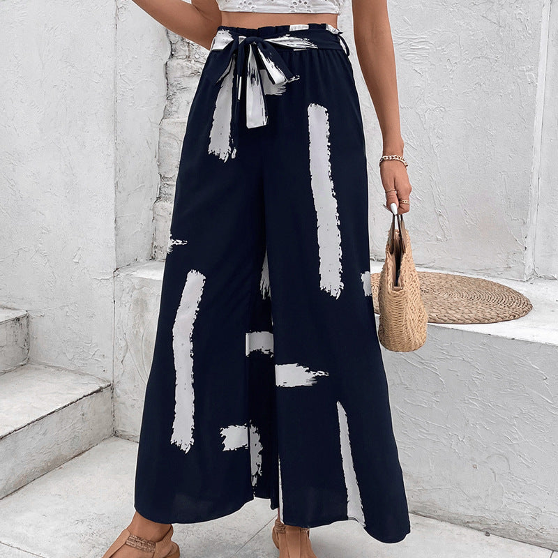 Brushstroke Print Wide-Leg Pants with Tie-Waist