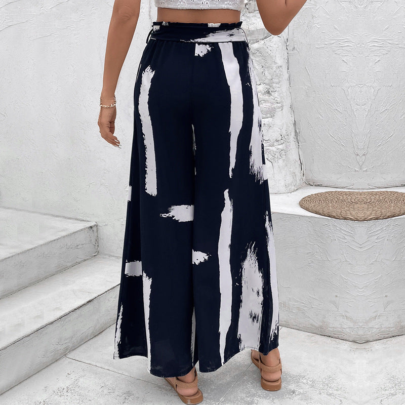 Brushstroke Print Wide-Leg Pants with Tie-Waist