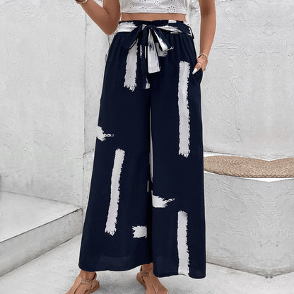 Brushstroke Print Wide-Leg Pants with Tie-Waist