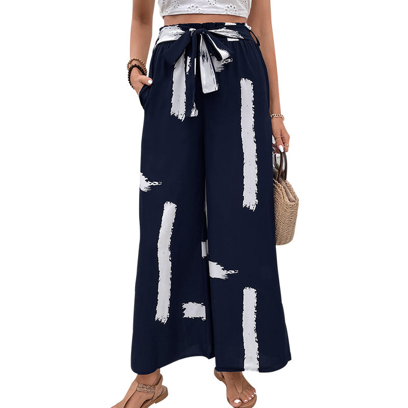 Brushstroke Print Wide-Leg Pants with Tie-Waist