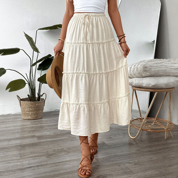 Solid Tiered Midi Skirt with Drawstring Waist