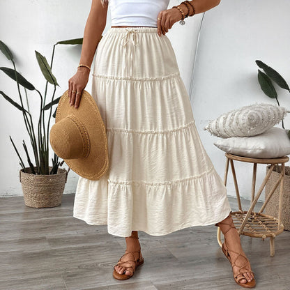 Solid Tiered Midi Skirt with Drawstring Waist