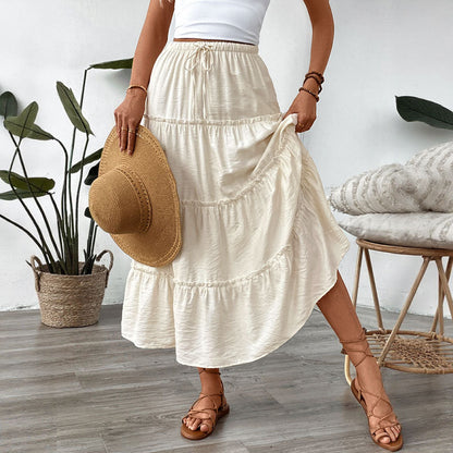 Solid Tiered Midi Skirt with Drawstring Waist