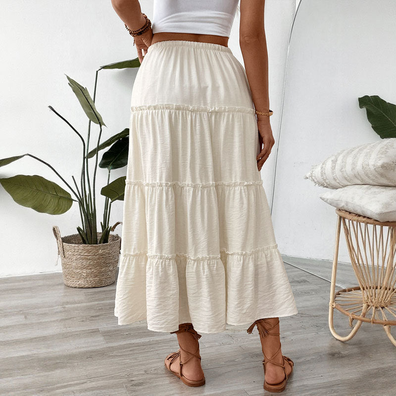 Solid Tiered Midi Skirt with Drawstring Waist