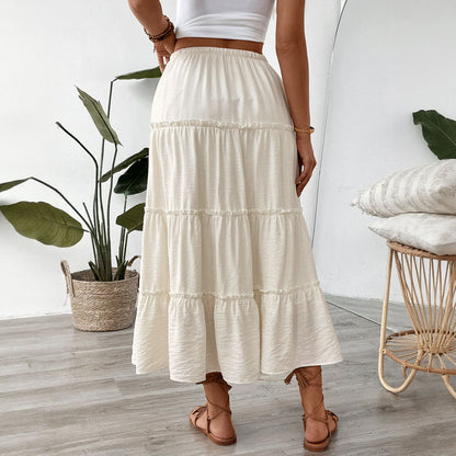 Solid Tiered Midi Skirt with Drawstring Waist