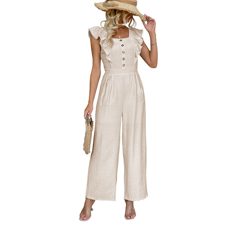 Wide-Leg Jumpsuit with Square Neck and Ruffle Sleeves