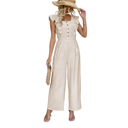 Wide-Leg Jumpsuit with Square Neck and Ruffle Sleeves