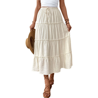 Solid Tiered Midi Skirt with Drawstring Waist