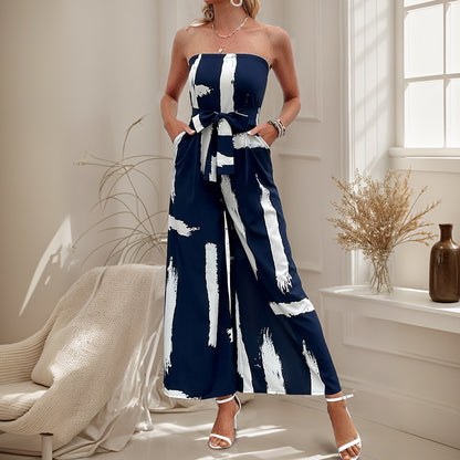 Strapless Wide-Leg Jumpsuit with Brush Stroke Print