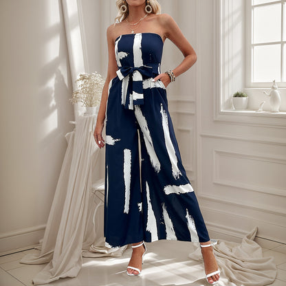 Strapless Wide-Leg Jumpsuit with Brush Stroke Print