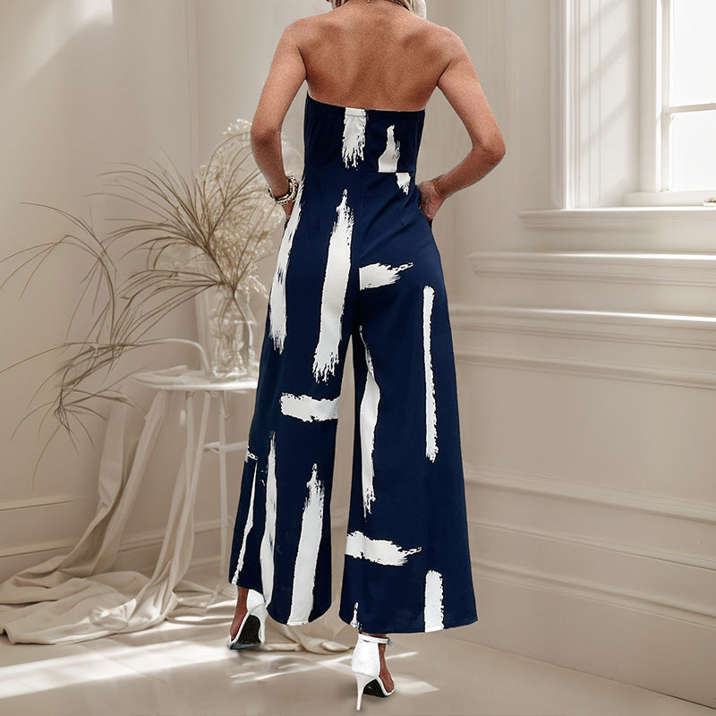 Strapless Wide-Leg Jumpsuit with Brush Stroke Print