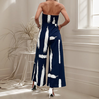 Strapless Wide-Leg Jumpsuit with Brush Stroke Print