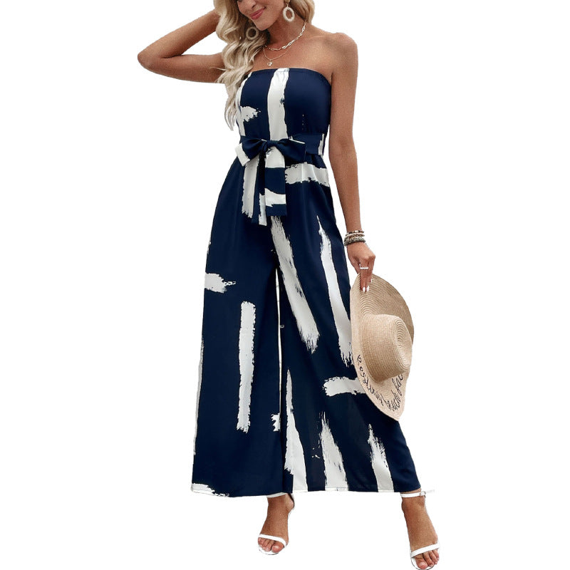 Strapless Wide-Leg Jumpsuit with Brush Stroke Print